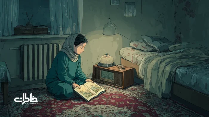 صحنه‌ای نوستالژیک از یک بزرگسال ایرانی در اتاق خواب، در حال ورق زدن کتاب ادبیات کودک کنار یک رادیوی قدیمی که یادآور قصه‌های شب و ترمیم خاطره‌های کودکی است