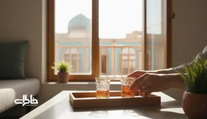 زوج ایرانی در آپارتمان کوچک در حال اجرای یک آیین دونفره کوتاه با چای کنار پنجره برای عمیق کردن صمیمیت