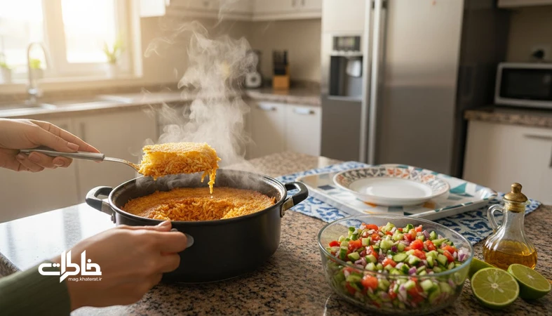 قابلمه دمی گوجه ته‌دیگ‌دار در کنار کاسه سالاد شیرازی روی سفره ایرانی؛ روایت ساختن فراوانی از کمبود