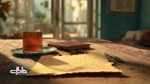 یادداشت کاغذی با دست‌خط پدر کنار لیوان چای روی میز چوبی در خانه‌ای ایرانی، نمادی از صمیمیت دست‌خط در مقایسه با پیام‌رسان‌های دیجیتال