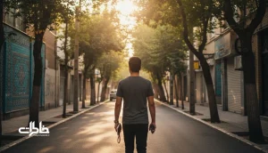 تصویر مرد جوان ایرانی در حال قدم‌زدن در خیابانی آرام با دفترچه یادداشت؛ مناسب مقاله معنی اسم دایان و حس مسیر و خاطره‌سازی