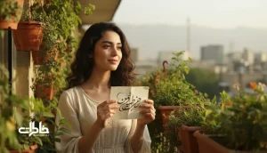 تصویر دختر ایرانی در بالکن پرگلدان با حس لطیف و عاشقانه؛ مناسب مقاله معنی اسم دل‌آرا و ریشه اسم دل‌آرا