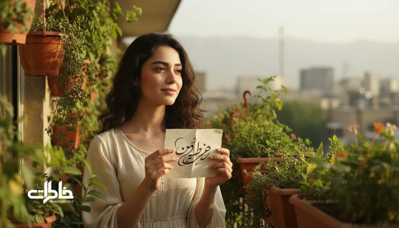 تصویر دختر ایرانی در بالکن پرگلدان با حس لطیف و عاشقانه؛ مناسب مقاله معنی اسم دل‌آرا و ریشه اسم دل‌آرا