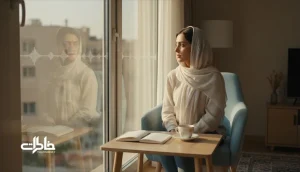 تصویر دختری ایرانی کنار پنجره با نور ملایم و موج‌های صوتی لطیف؛ نمادی از آرامش اسم دل‌آرام و تاثیر صدای آرام‌بخش