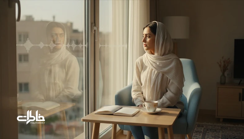 تصویر دختری ایرانی کنار پنجره با نور ملایم و موج‌های صوتی لطیف؛ نمادی از آرامش اسم دل‌آرام و تاثیر صدای آرام‌بخش
