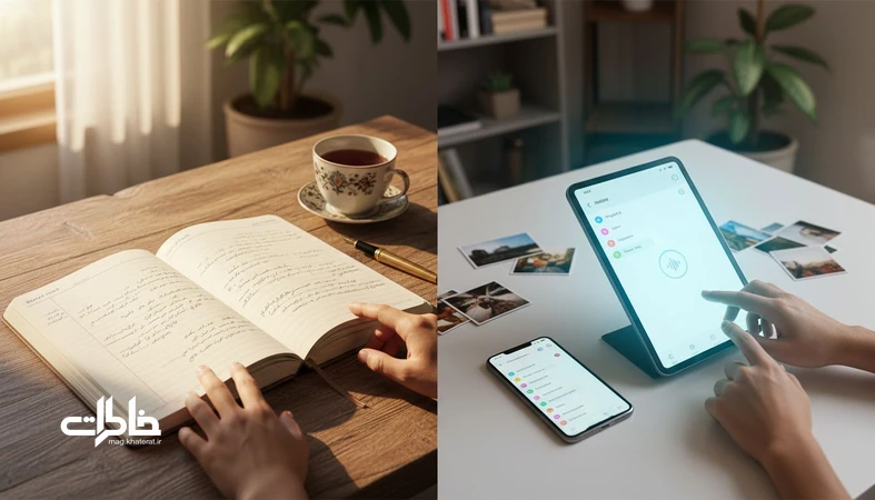 مقایسه دفتر خاطرات دیجیتال و کاغذی روی میز کار ایرانی؛ کنار دفتر و خودکار، گوشی با یادداشت‌ها و تگ‌ها برای بررسی اثر بر حافظه و احساسات روزانه