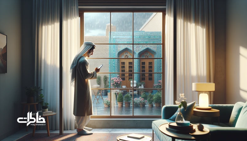 تصویر یک ایرانی در تماس تصویری با خانواده کنار پنجره، نماد زندگی میان دو کشور و شکل‌گیری خاطرات دوگانه و هویت سیال
