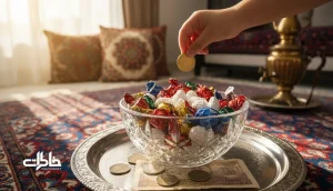 دست کودک با سکه و اسکناس تاخورده کنار ظرف بلوری شکلات عیدی و نقل روی سینی نوروزی؛ نماد اقتصاد کوچک کودکی در دیدوبازدید