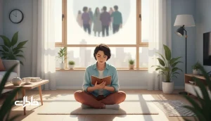 فردی ایرانی کنار پنجره در حال نوشتن درباره خاطرات خجالت‌آور و شرم و حافظه؛ تصویر مفهومی از چسبندگی خاطرات بد و نشخوار ذهنی