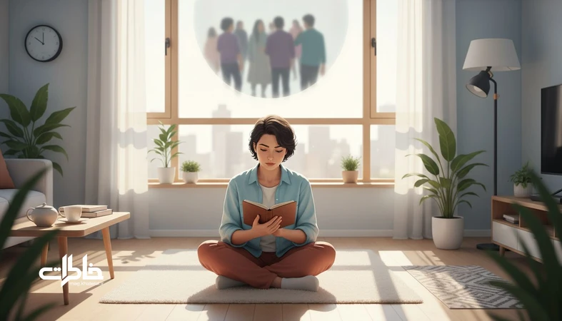 فردی ایرانی کنار پنجره در حال نوشتن درباره خاطرات خجالت‌آور و شرم و حافظه؛ تصویر مفهومی از چسبندگی خاطرات بد و نشخوار ذهنی