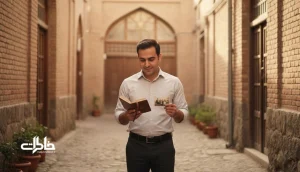 تصویر نوستالژیک از یک مرد ایرانی در کوچه‌ای قدیمی با دفترچه و عکس خانوادگی، تداعی‌گر خاطره و معنی اسم اسکندر. مجله خاطرات