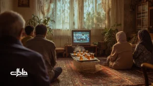 Iranian family drinking evening tea while watching a classic dubbed movie on an old TV, nostalgic scene about Persian voice acting and childhood memories