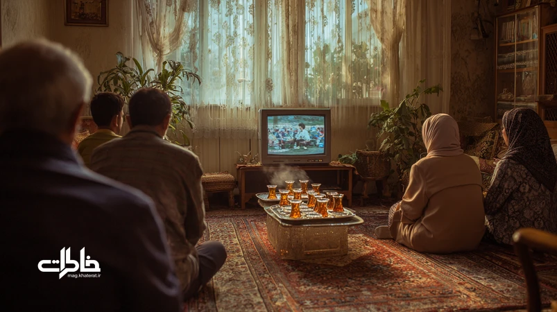 Iranian family drinking evening tea while watching a classic dubbed movie on an old TV, nostalgic scene about Persian voice acting and childhood memories