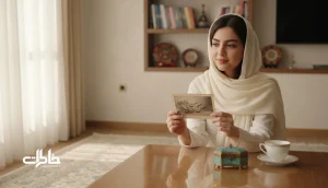 تصویر نوستالژیک از نام فخری؛ دست‌های یک زن ایرانی کنار عکس خانوادگی قدیمی و یادگاری‌های خانه