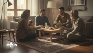 گفت‌وگوی خانوادگی چندنسلی دور میز چای با فضای گرم و بدون گوشی برای ساخت خاطره مشترک و کاهش فاصله نسل‌ها