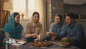 روتین های خاطره ساز برای خانواده در یک آپارتمان ایرانی؛ لحظه صمیمی دور سینی چای و خوراکی ساده.مجله خاطرات