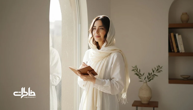 تصویر شاخص از زنی ایرانی با حال‌وهوای آرام و وقار نرم، الهام‌گرفته از مفهوم نام فرناز و درخشش بی‌ادعا در خاطره‌سازی. مجله خاطرات