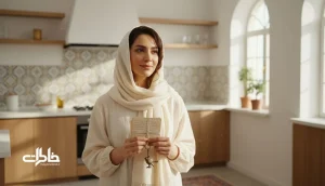 تصویر نوستالژیک از یک زن ایرانی در خانه روشن که نامه قدیمی را در دست دارد؛ روایت نام فرشته و مهربانی بی صدا.مجله خاطرات