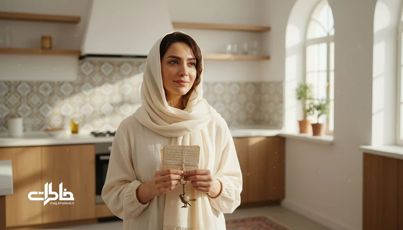 تصویر نوستالژیک از یک زن ایرانی در خانه روشن که نامه قدیمی را در دست دارد؛ روایت نام فرشته و مهربانی بی صدا.مجله خاطرات