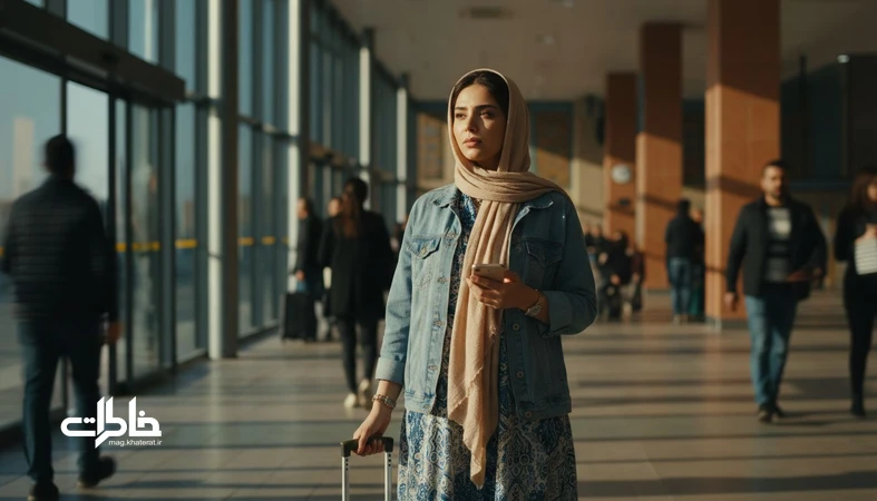 تصویر یک مسافر ایرانی در اولین سفر تنهایی با حس هم‌زمان آزادی و ترس از ناامنی در فضای ترمینال