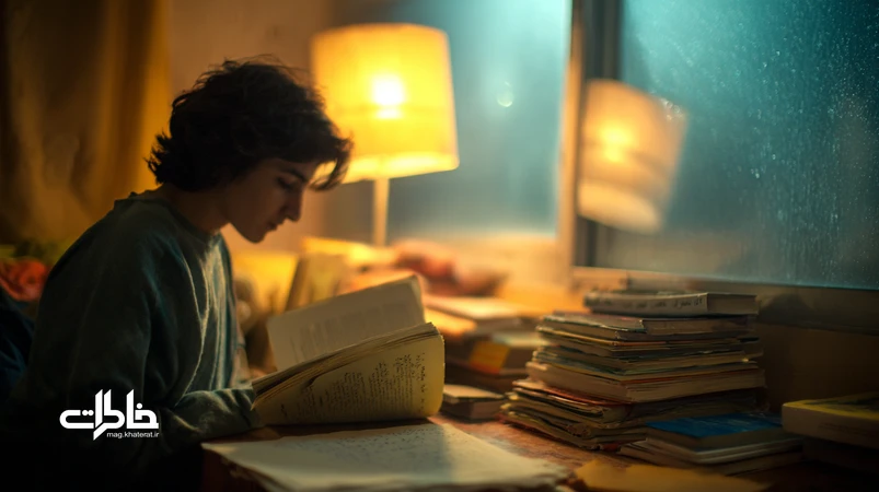 نوجوان ایرانی در اتاقی کوچک در حال خواندن رمان ممنوعه افست با جلد زرد، نماد تأثیر رمان‌های ممنوعه دهه ۸۰ و ۹۰ بر بلوغ فکری و احساسی نسل جوان