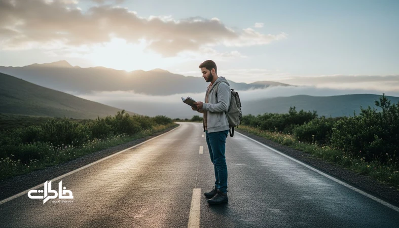 تصویر مرد جوان ایرانی در جاده کوهستانی پس از باران؛ حس طبیعت‌محور و خاطره‌ساز مرتبط با معنی اسم گرشا