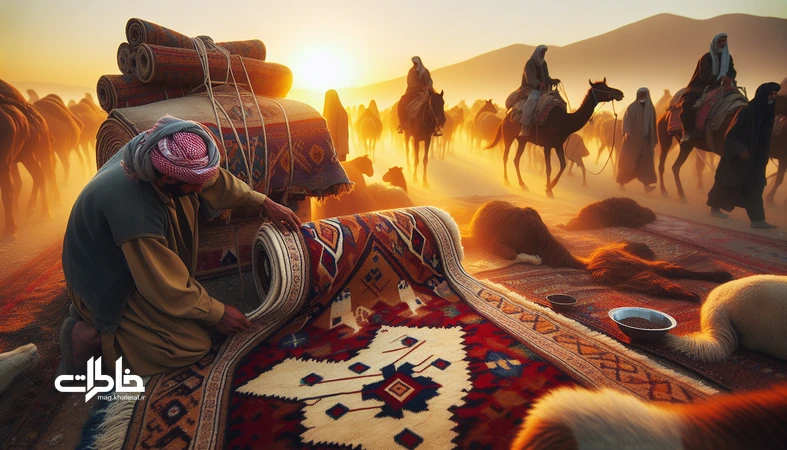 گلیمِ سفر دست‌باف در حال رول شدن و بستن روی بار در کوچ عشایری؛ نماد ریتم زندگی nomadic و اقتصاد حرکت