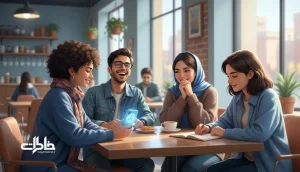 جمعی از جوانان نسل زد ایرانی در کافه با گوشی و میم های طنز، نماد طنز نسل زد به عنوان دفاع روانی و سبک زندگی