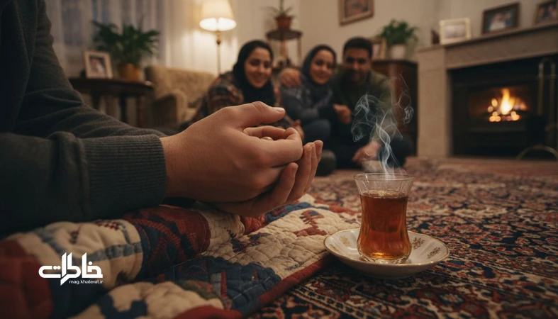 بازی گل یا پوچ روی لحاف کهنه در یک دورهمی خانوادگی ایرانی با چای و فضای شب زمستان