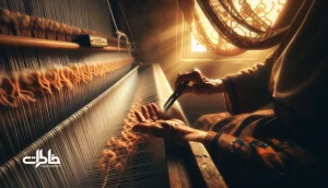 دست‌های مادربزرگ ایرانی روی دار قالی و شانه‌زدن نخ‌ها در نور عصر؛ تصویر مرتبط با صدای دار قالی و حافظه شنیداری