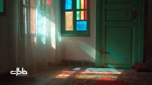 پنجره چوبی سبز با شیشه‌های رنگی در خانه ایرانی که نور صبح را به شکل نقش‌های رنگی روی فرش می‌اندازد