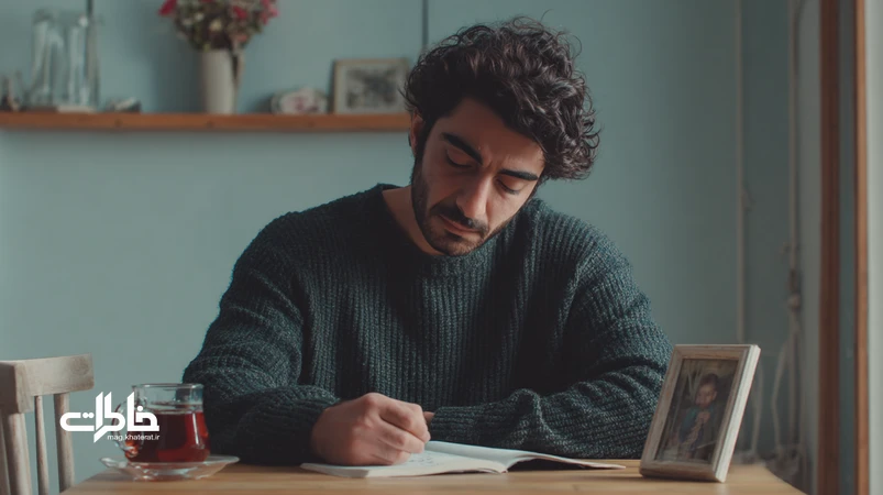 مرد ایرانی در حال نوشتن درباره سوگ و تبدیل اشک‌ها به یادگار رهایی در خانه با دفتر و عکس خانوادگی