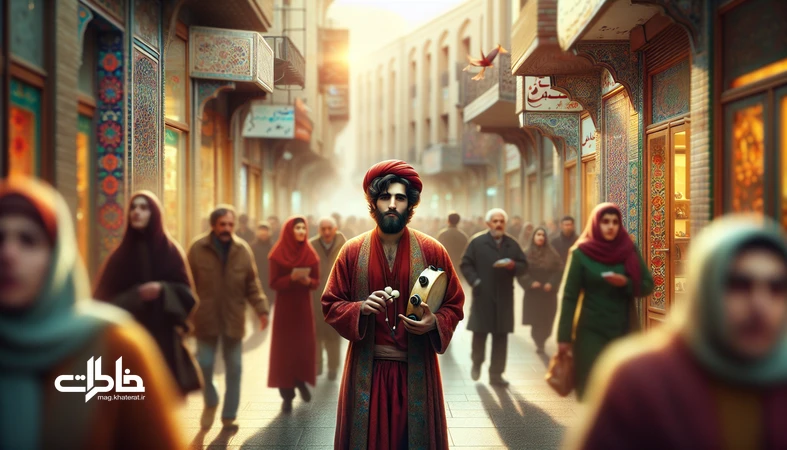 تصویر حاجیفیروز در خیابانهای شهر ایران در آستانه نوروز، با لباس قرمز و دایرهزنگی؛ نماد آیین شهری و موسیقی خیابانی