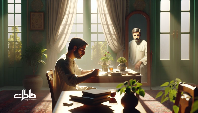 گفت‌وگو با خودهای گذشته برای پذیرش زمان؛ تصویر فرد ایرانی روبه‌روی آینه و دفتر خاطره در فضایی روشن و امیدبخش