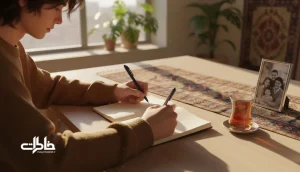 شروع خاطره‌نویسی و نوشتن خاطرات خانوادگی در خانه ایرانی؛ دست‌ها در حال نوشتن روی دفتر کنار چای و قاب عکس