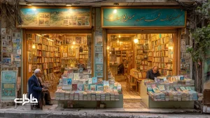 کتاب‌فروشی کوچک مستقل در خیابان باریک تهران با قفسه‌های فشرده و پوسترهای قدیمی به‌عنوان بخشی از حافظه فرهنگی شهر