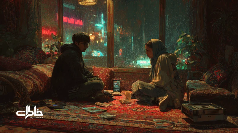 جوانان ایرانی در اتاقی با نمای باران‌خورده شهر تهران، در کنار ضبط کاست قدیمی و گوشی هوشمند، نمادی از موسیقی پاپ ایرانی بین نوستالژی و بازاری‌سازی