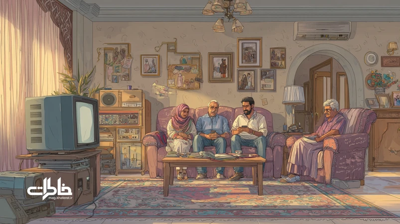 سه نسل در یک خانه ایرانی نشستهاند و از رادیو قدیمی، نوار کاست و موبایل موسیقی گوش میدهند؛ تصویری از صدای خوانندهها که حالوهوای دههها را در حافظه جمعی ایرانیان رقم زده است.