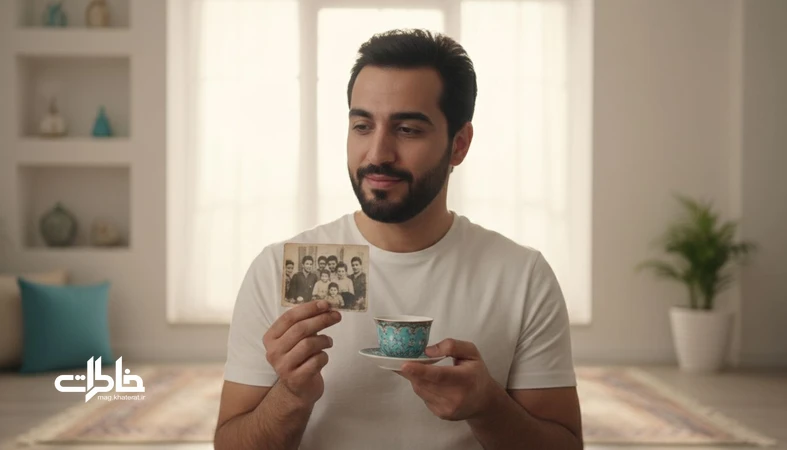 تصویر مرد ایرانی کنار پنجره در خانه ایرانی با فنجان چای و عکس خانوادگی؛ نماد معنی اسم جمال و زیباییِ درونی و خاطرهساز.مجله خاطرات
