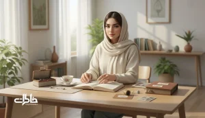 زن ایرانی با زیبایی متین در حال چیدن یادگاری‌ها و آلبوم عکس؛ تصویر شاخص مقاله جمیله و خاطره‌های خوش‌چین