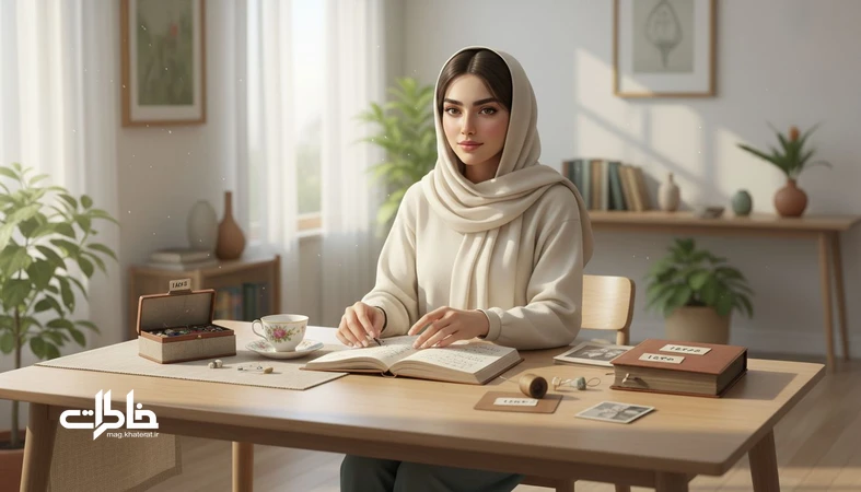 زن ایرانی با زیبایی متین در حال چیدن یادگاری‌ها و آلبوم عکس؛ تصویر شاخص مقاله جمیله و خاطره‌های خوش‌چین