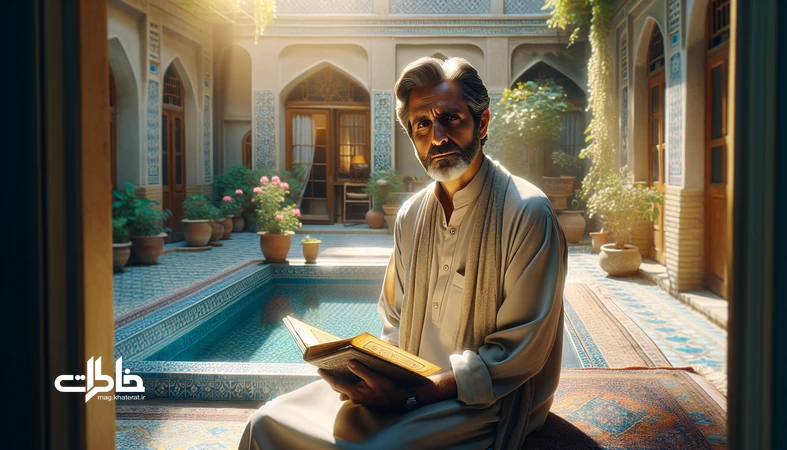 تصویر نوستالژیک از مردی ایرانی با آلبوم عکس در حیاط ایرانی، مرتبط با معنی اسم جمشید و حس شکوه و خاطره