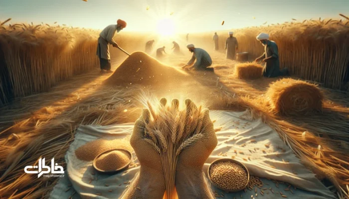 دست‌های کشاورزان کنار خرمن گندم در آفتاب؛ تصویر مرتبط با جشن خرمن، آیین کشاورزی و مرز میان کار و شادی