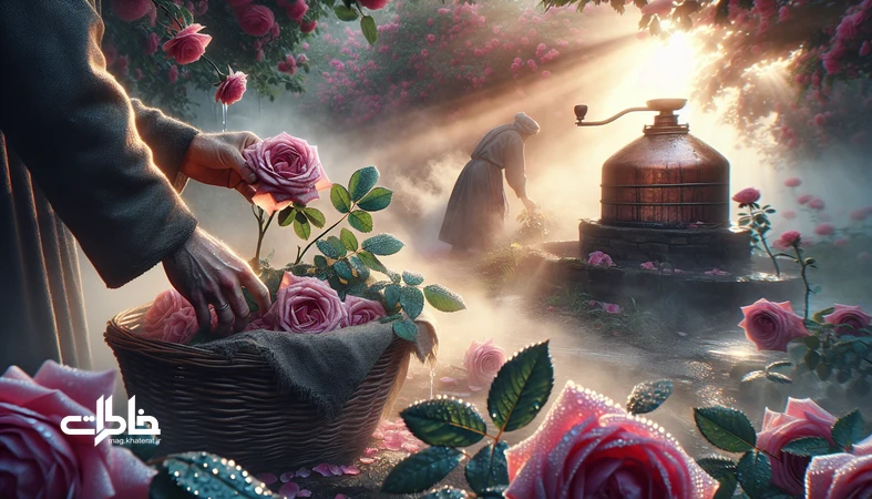 چیدن گل محمدی در باغ‌های قمصر کاشان در صبح اردیبهشت با سبد گل و بخار دیگ گلاب‌گیری؛ روایت حافظه بویایی و آیین بهاری