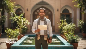 تصویر مرد ایرانی در حیاط آفتابی با نامه و دفترچه؛ نمایی احساسی از مفهوم اسم خسرو، شکوه آرام و خاطره‌ساز