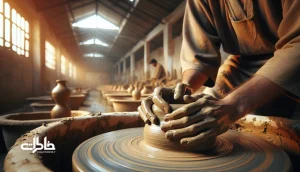 دست‌های ایرانی در حال شکل‌دادن گل خیس روی چرخ سفال‌گری سنتی؛ رد انگشت و تضاد کوره سنتی با کوره برقی در روایت سفال‌گری بدون کوره برقی