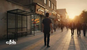 مردی در پیاده‌رو شهر ایرانی با نامه‌ای در دست کنار ایستگاه اتوبوس و مغازه‌های محلی؛ روایت نامه به شهری که ترک کردم