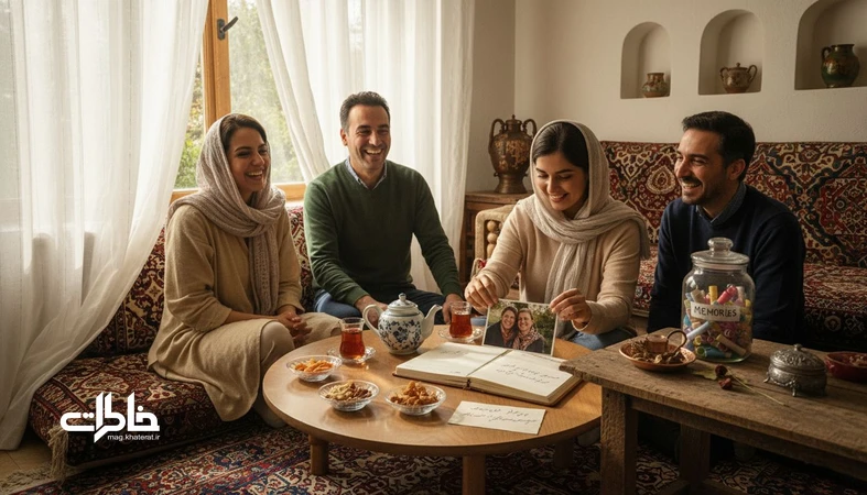 آلبوم زنده خانواده در خانه ایرانی؛ ثبت لحظه‌ها با دفتر خاطره، یک عکس منتخب و شیشه خاطره بدون عکاسی مداوم.مجله خاطرات