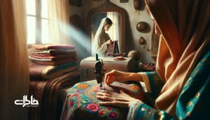 دست‌های مادری در حال دوخت سوزن‌دوزی لباس محلی ایرانی کنار صندوقچه و آینه؛ روایت لباس به‌عنوان نقشه اقلیم و هویت جمعی