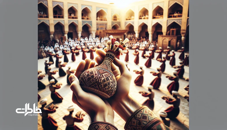 دست‌های ایرانی با تکه‌ای پارچه و ساز بومی در فضایی میان عروسی محلی و سالن شهری؛ نمادی از محو شدن موسیقی بومی و لباس سنتی در آیین‌های گذار